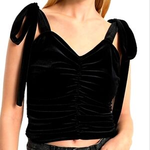 Express Elegant Black‎ Velvet Vneckline Ruched Front Top w Velvet Tie Straps